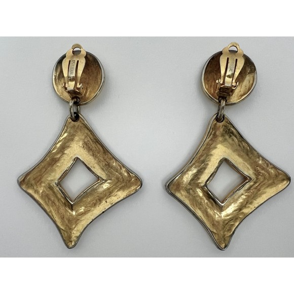 Vintage Erwin Pearl Gold Toned Diamond Shape Dangle Drop Clip On Earrings - Picture 3 of 4